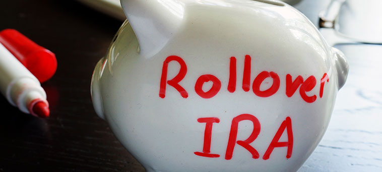 White piggy bank with Rollover IRA written in red ink.
