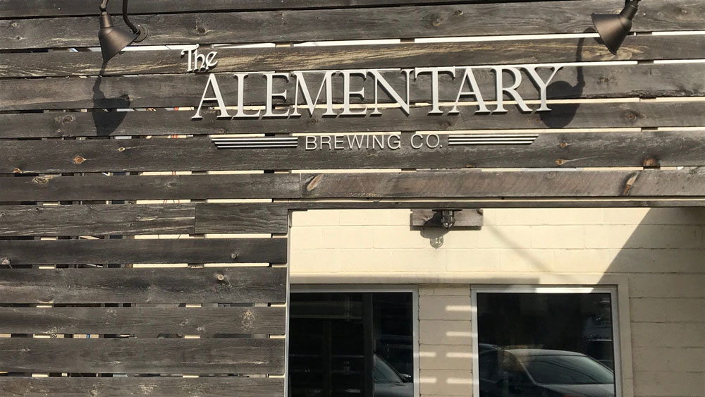 PIcture of the front entrance of The Alementary Brewing Company, Hackensack, NJ.
